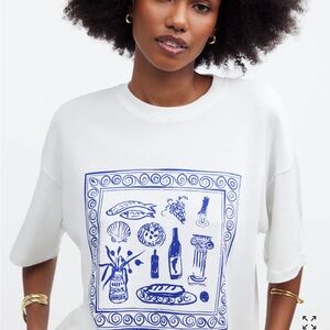 Lisa Says Gah White Tee with Blue Artistic Design